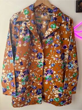 Vintage 60s Handmade Brown Floral Shirt Jacket with Vibrant Gucci Like Print